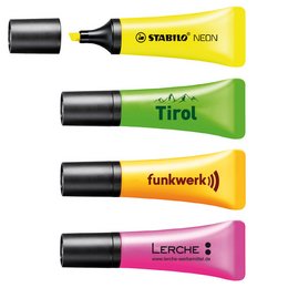 Der bedruckte Schwan Stabilo Neon Werbe-Textmarker in 4 strahlend schönen Farben!