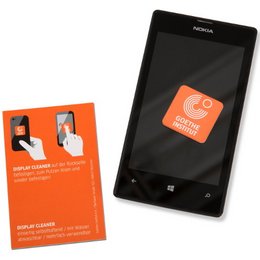 Selbsthaftender Mini-Display-Cleaner mit 4-c-Digitaldruck als Streuartikel