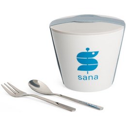 Snack to Go Becher aus Porzellan mit Siebdruck inklusive Besteck als Werbemittel