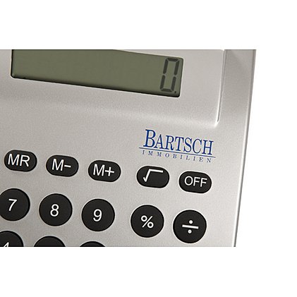 im Tampondruck bedruckter Solar- Wwerbetaaschenrechner für Bartsch Immobilien aus Wolfratshausen