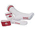 Weiße Sportsocken mit verstärkter Sohle mit eingewebtem Logo und roter Banderole auf weißem Hintergrund