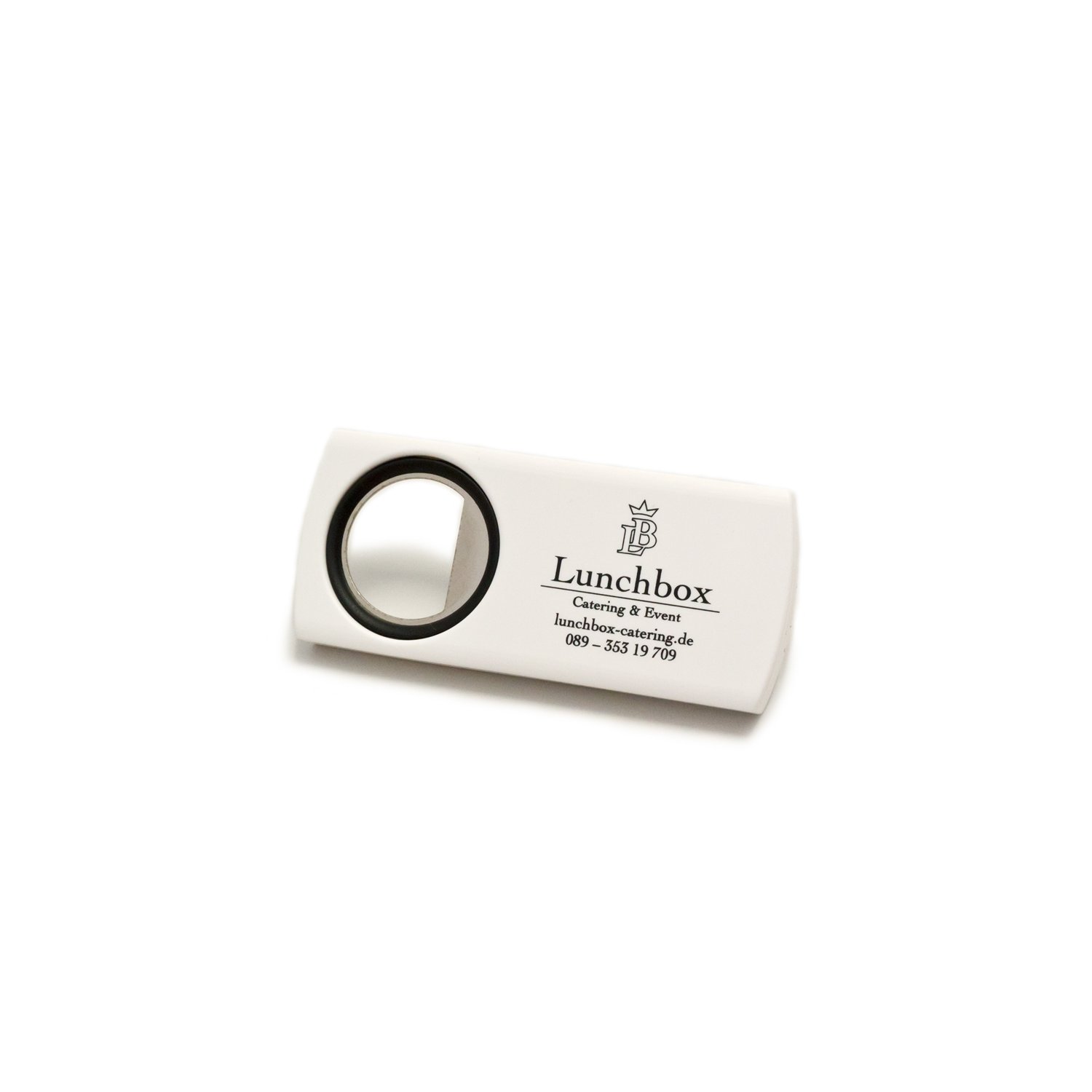 Stabiler, griffiger Flaschenöffner bedruckt als Werbegeschenk für Lunchbox Catering &amp; Event