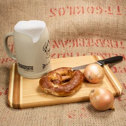 Bedruckter Bierkrug 0,5 l aus Steinzeug, als Werbegeschenk