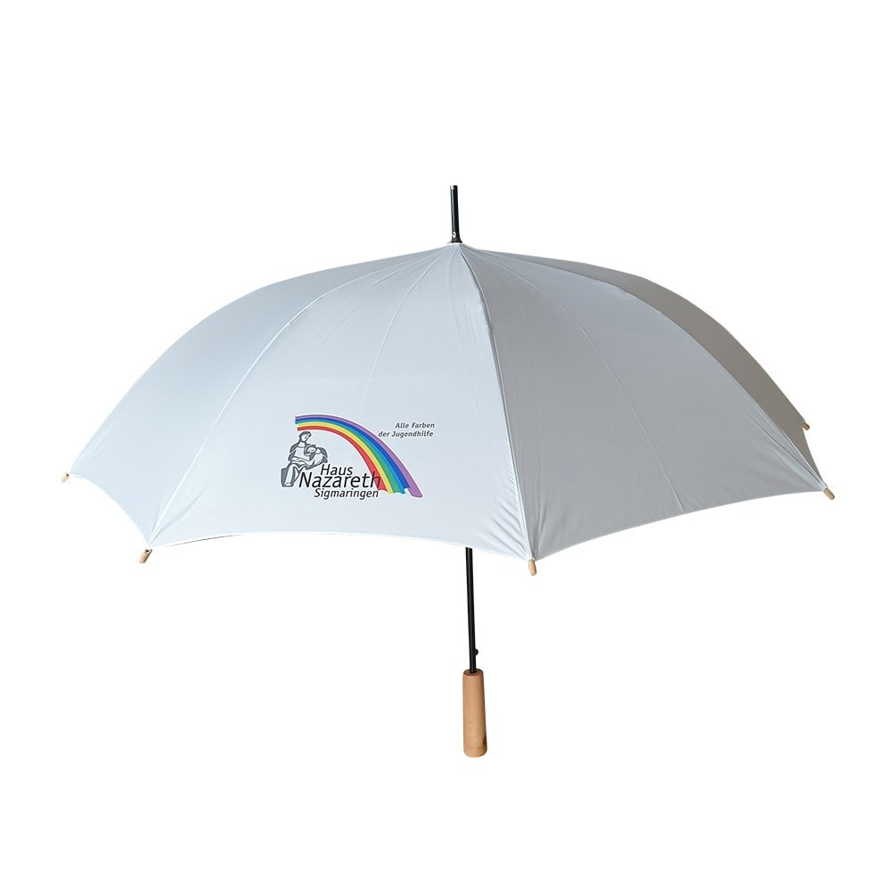 Werbe-Regenschirm ÖkoBrella mit Echtholzgriff und Echtholzspitzen individuell mit Werbung bedruckt