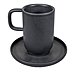Schwarze matte Keramik-Kaffeetasse mit passender Untertasse als Werbeartikel, zylindrische Form, geeignet für Logodruck oder Gravur