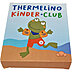 Bedruckte Verpackung eines Straßenmalkreide-Werbeartikels mit Logo „Thermelino Kinder-Club“ und Froschmotiv am Strand.