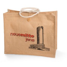 Bedruckter, nachhaltiger und stabiler Werbe-Jute-Einkaufstasche der Werbegemeinschaft der  Neuen Mitte Jena 