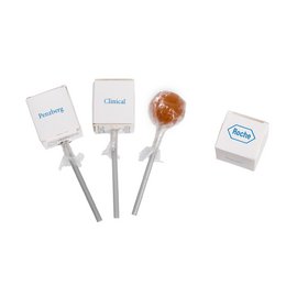 Süße Werbung: Kugel-Lolly in bedruckter Werbebox für Roche Diagnostics