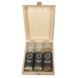 Taschenmühle im 3er Set in der Holzbox mit Werbe-Etikett