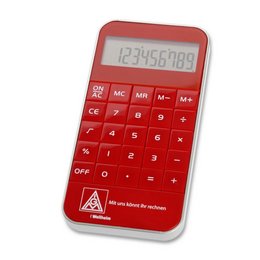 Roter Werbe-Taschenrechner in Hochglanzoptik mit Werbedruck für IG Metall Weilheim