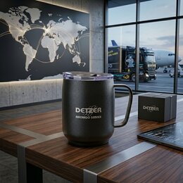 Schwarzer Thermobecher als Werbeartikel mit Detzer Aircargo Service Logo und Deckel in Logistik-Umgebung.