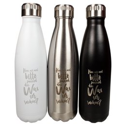 Vakuum-Werbe-Thermosflasche MOOSE in weiß, schwarz und silber mit individueller Lasergravur