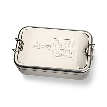 Hochwertige Metall-Lunchbox aus Weißblech mit Logoprägung 150 Jahre Jubiläum