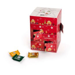 Bedruckter Schoko-Adventskalender in Tower-Form mit Ritter-sport Täfelchen bestückt