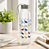 Transparente Werbe-Trinkflasche mit Edelstahlverschluss, Trageschlaufe und buntem Logodruck am Fenster.