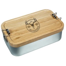 nachhaltige Werbe-Lunchbox mit praktischen Bambusdeckel und einem Logo-Lasergravur