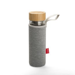 Werbe-Trinkflasche aus Glas mit Bambusdeckel und Logo-Lasergravur