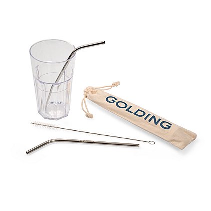 Werbe- Edelstahl-Trinkhalme-Set 2er mit Logo-Lasergravur mit einer Reinigungsbürste i