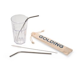 Werbe- Edelstahl-Trinkhalme-Set 2er mit Logo-Lasergravur mit einer Reinigungsbürste i