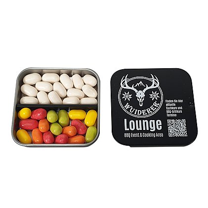 Süße Werbung Süssigkeitendose bedruckt mit zwei Füllungen