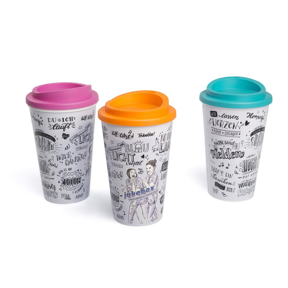 Auffällig bedruckter, doppelwandiger, mehrweg Werbe Coffee to go Becher mit umlaufendem Design