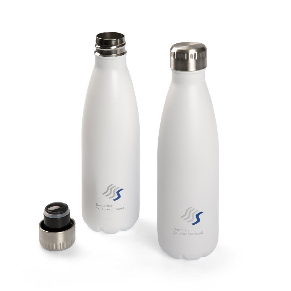 Mehrweg, nachhaltige Vakuum-Trink-Thermosflasche MOOSE in weiß, umlaufend individuell bedruckbar.