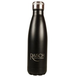 Vakuum-Trink-flasche in schwarz MOOSE aus Metall mit individueller Lasergravur der Bäckerei Raisch