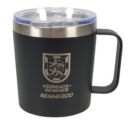 Werbe-Kaffeetasse metall CAMPER Logo-Lasergravur und Deckel