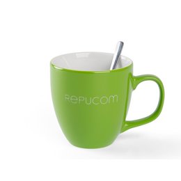 Weckt Lebensgeister: Gravierte Kaffee-Tasse 151 Porzellan Hydroglasur mit Logo Repucom Deutschland