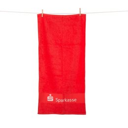 Hotelqualität Walk-Frottierhandtuch in rot mit individueller Werbeanbringung Bordüreinwebung für die Sparkasse