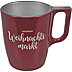 Roter Henkelbecher mit weißem Logodruck Lagenser Weihnachtsmarkt und grauer Innenseite.