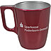 Henkelbecher mit weißem Logodruck der Sparkasse Paderborn-Detmold und grauer Innenseite auf weißem Hintergrund.