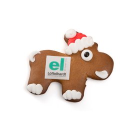Weihnachtswerbung: Lebkuchen-Elch mit Firmenlogo aus Marzipan für Emil Löffelhardt