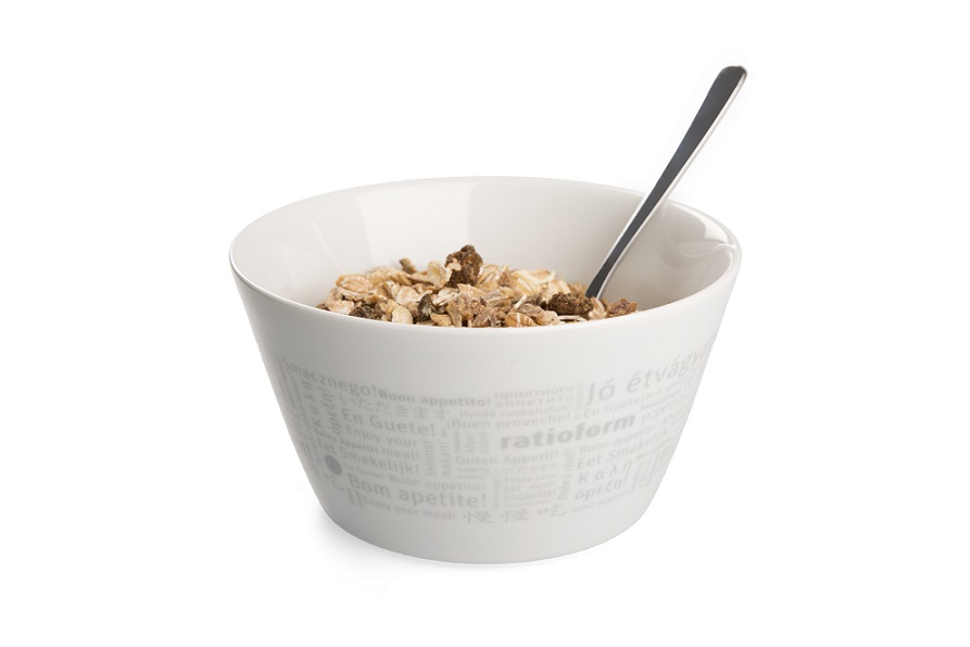 Weiße Müsli-Schale bedruckt im Transfervolldekor als Werbemittel