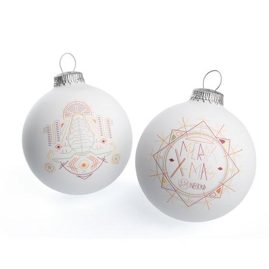 Mattweiße Weihnachtskugel aus gehärtetem Glas mit Firmenwerbung bedruckt