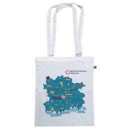 Weißes Werbemittel-Baumwolltasche mit farbigem Aufdruck der Metropolregion München sowie Logo und illustrativer Kartengrafik auf der Vorderseite.