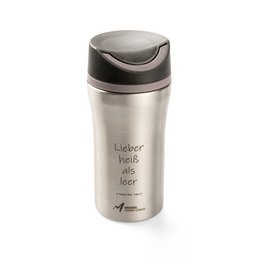 Werbe-Thermo-Coffee to go Becher aus Metall, vakuum mit auslaufsicherem Deckel, Logo-Gravur