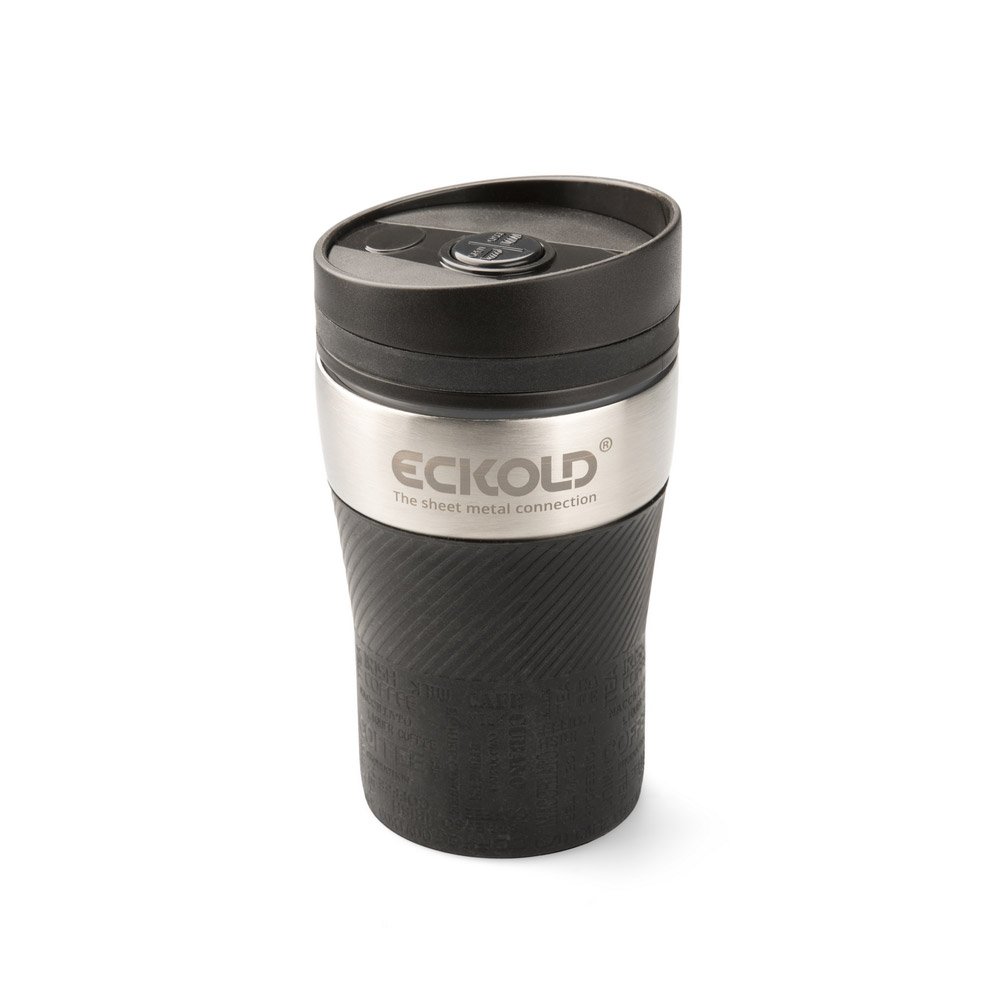 Werbe-Coffee to go Becher aus Metall mit breiter Silikonbanderole, Logo-Lasergravur