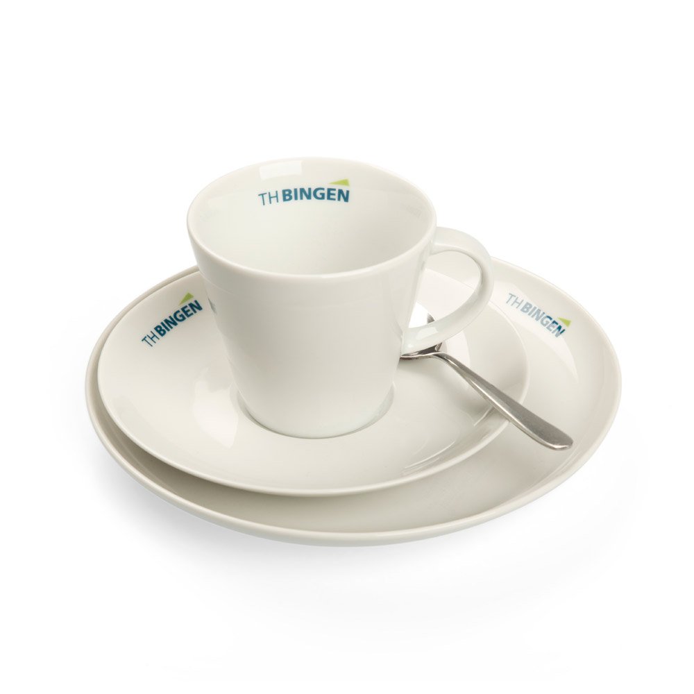 Werbe-Kaffeeservice aus Porzellan, Tasse, Untertasse, Kuchenteller mit individuellem Werbedruck