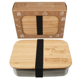 Werbe-Lunchbox aus Edelstahl mit Bambusdeckel mit Logo-Lasergravur