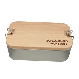 Werbe-Lunchbox mit individuellem Logodruck aus Weißblech mit Buchenholzdeckel