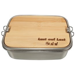 Werbe-Lunchbox aus Edelstahl mit Bambusdeckel, Logo-Lasergravur