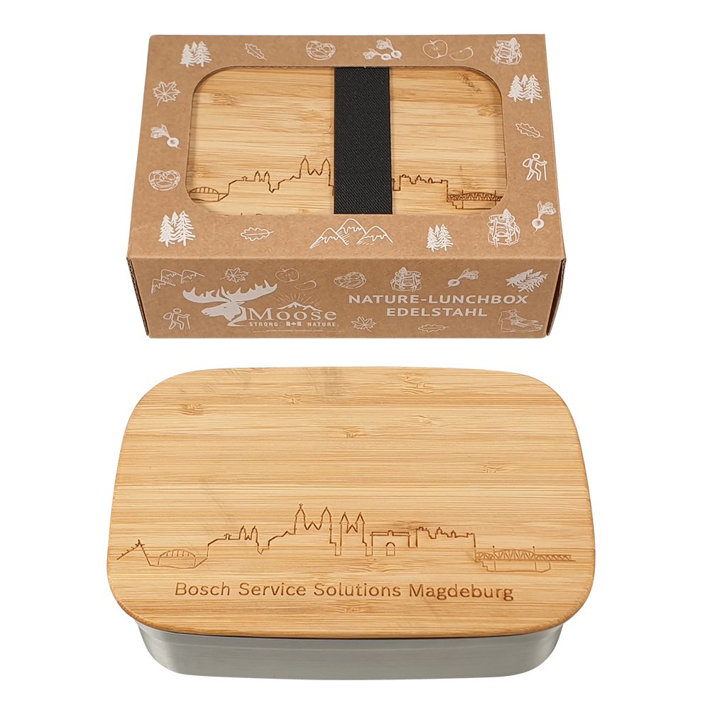  Edelstahl-Lunchbox Logo lasergraviert, mit Verschlussband
