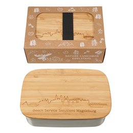 Edelstahl-Lunchbox Logo lasergraviert, mit Verschlussband