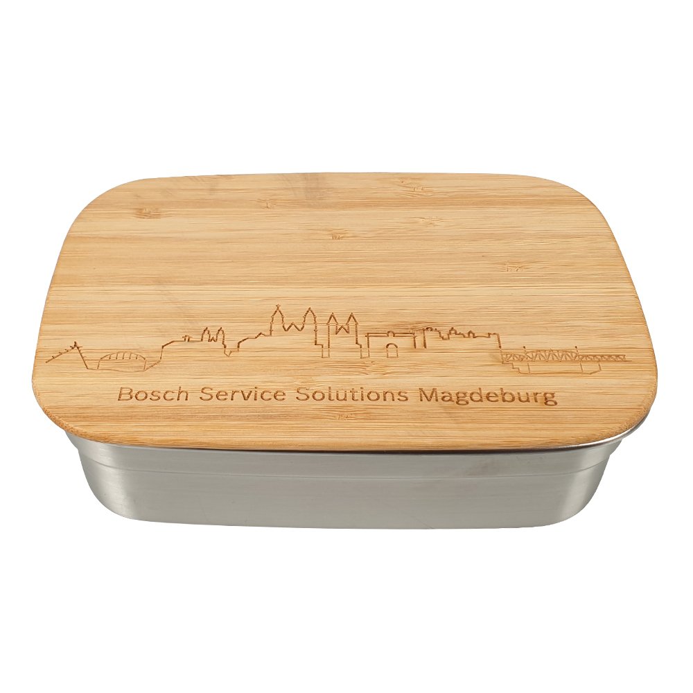 Edelstahl Lunchbox mit nachhaltigem Bambusdeckel und individueller Lasergravur