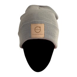 Werbe-Mütze Beanie aus recyceltem Polyana-Garn mit Logoaufnäher aus Kunstleder