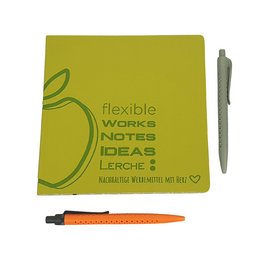 Werbe-Notizbuch aus recycling Material und Einband aus Apfelresten
