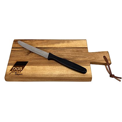 Massives Logo-Brotzeitbrett aus Akazienholt mit Lederband ,rhältlich in zwei Größen