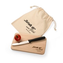 Schneidebrett Erle graviert mit Baumwollbeutel bedruckt