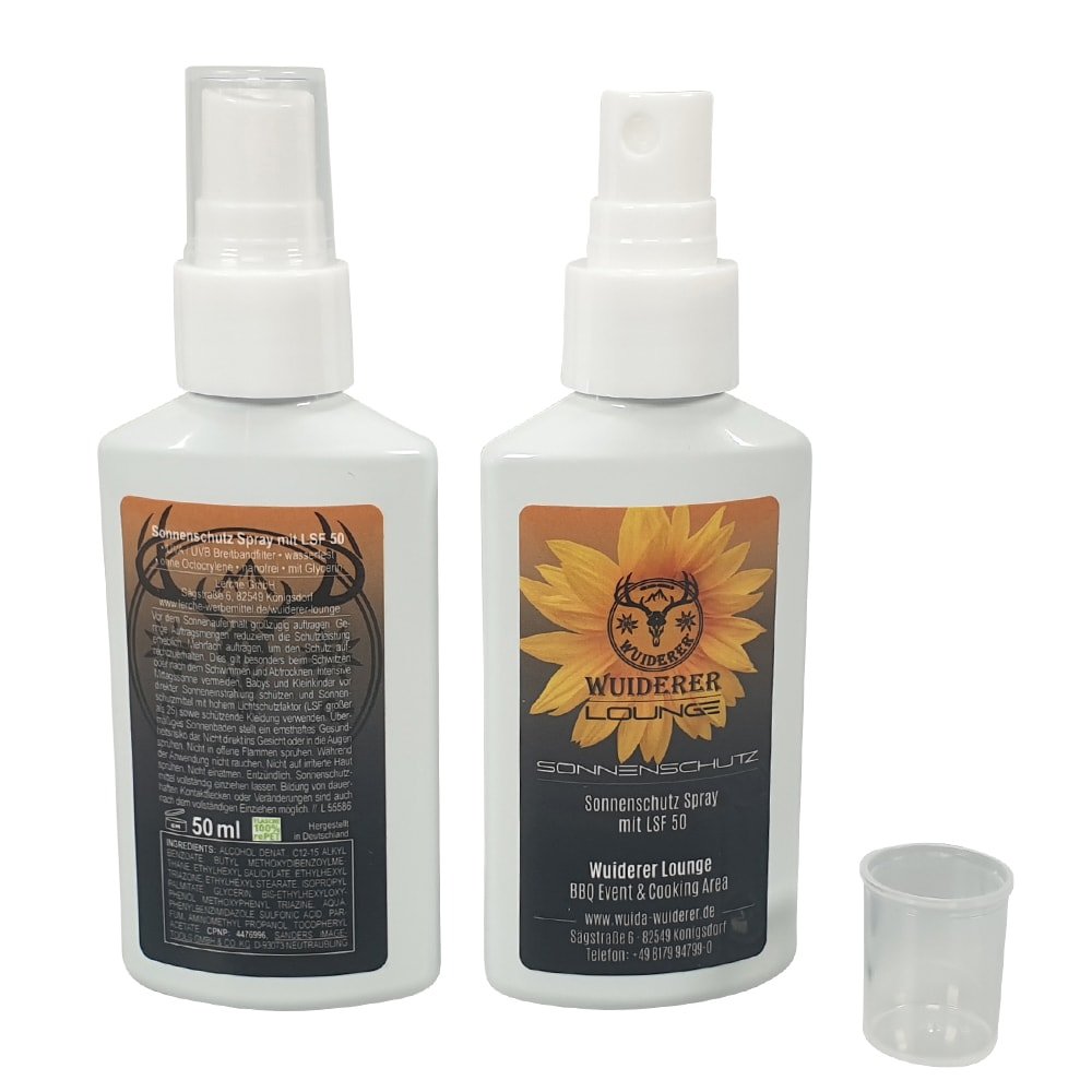 Werbe-Sonnenschutzspray mit individuell bedrucktem Body-Label 